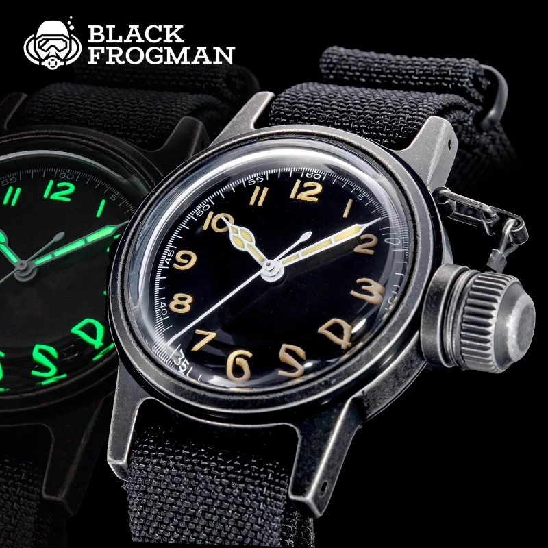 

BLACK FROGMAN men's retro diving watch with black dial green luminous hands K1 bubble glass NH35 automatic movement for men