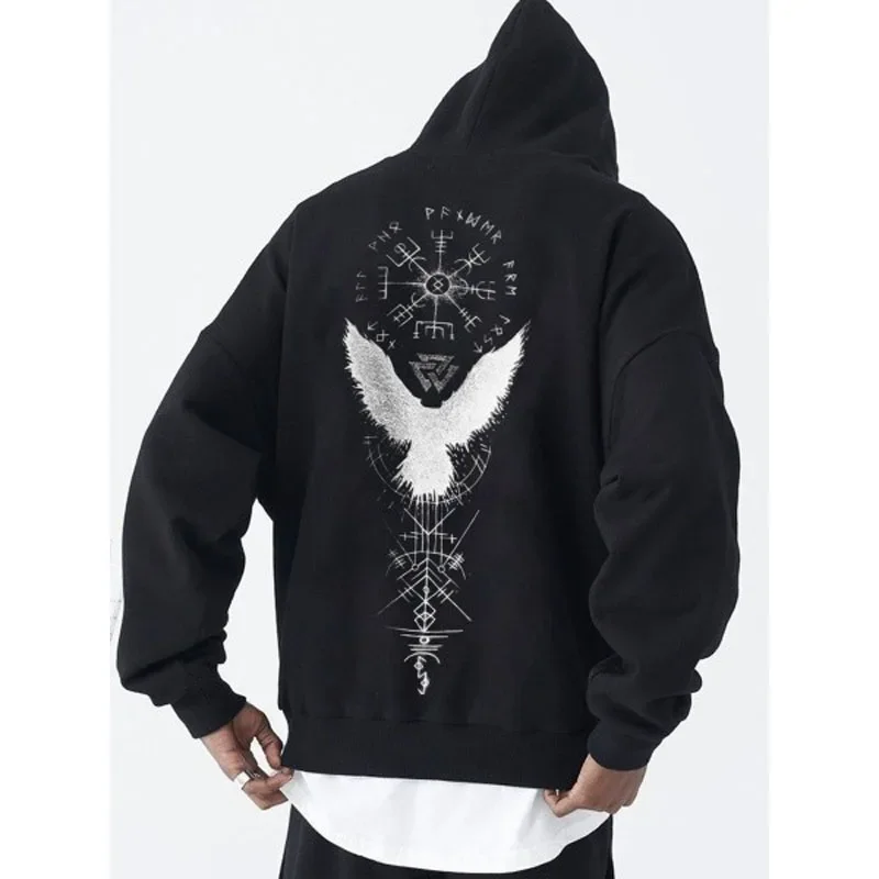 Street-hip Retro Raven Totem Hoodie for Men  Personal Custom Patterned Hoodie Loose Sports Hoodie T-shirt Men's Clothing Winter