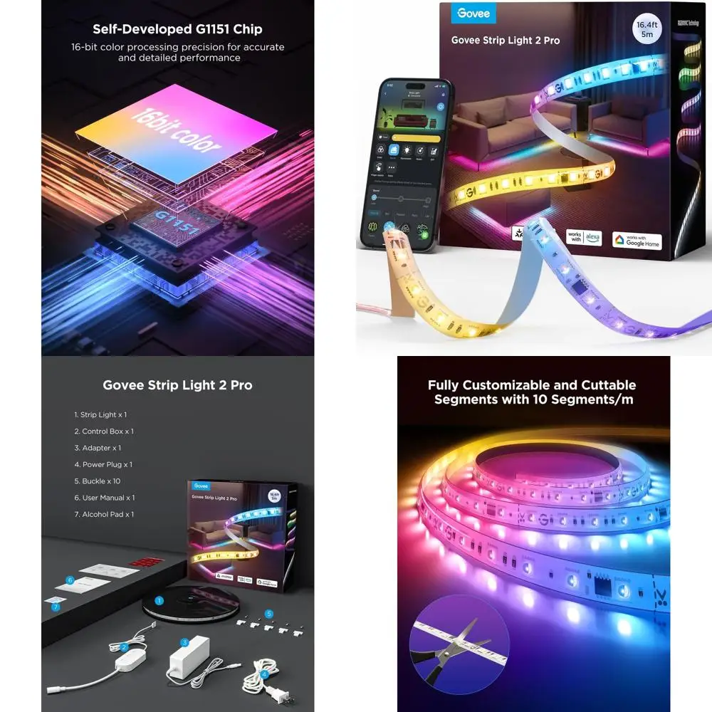 

Умная светодиодная лента длиной 16,4 фута, RGBIC Pro с матертой, совместимая с Alexa и Google Assistant, изменение цвета своими руками для домашнего декора и па