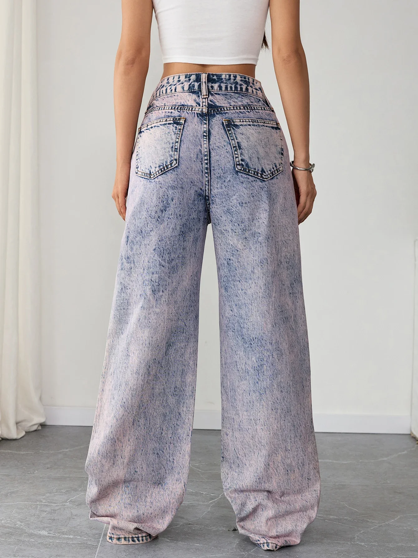 Vaqueros sueltos de calle a la moda para mujeres pequeñas, pantalones vaqueros lavados de tiro alto, ropa de pierna ancha inspirada en los años 90