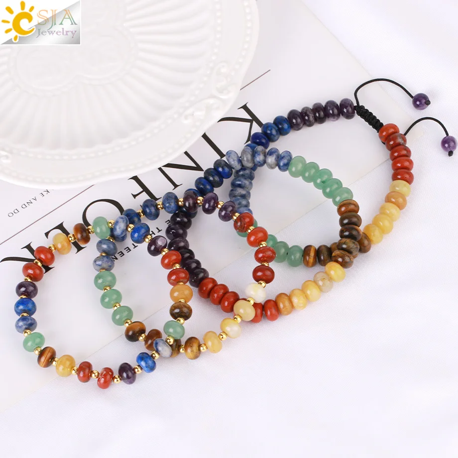 CSJA Reiki 7 Chakra Crystals Bracelet Real Natural Stone Beaded Bracelets for Stress Relax Anxiety Elastic Braided Jewelry H049