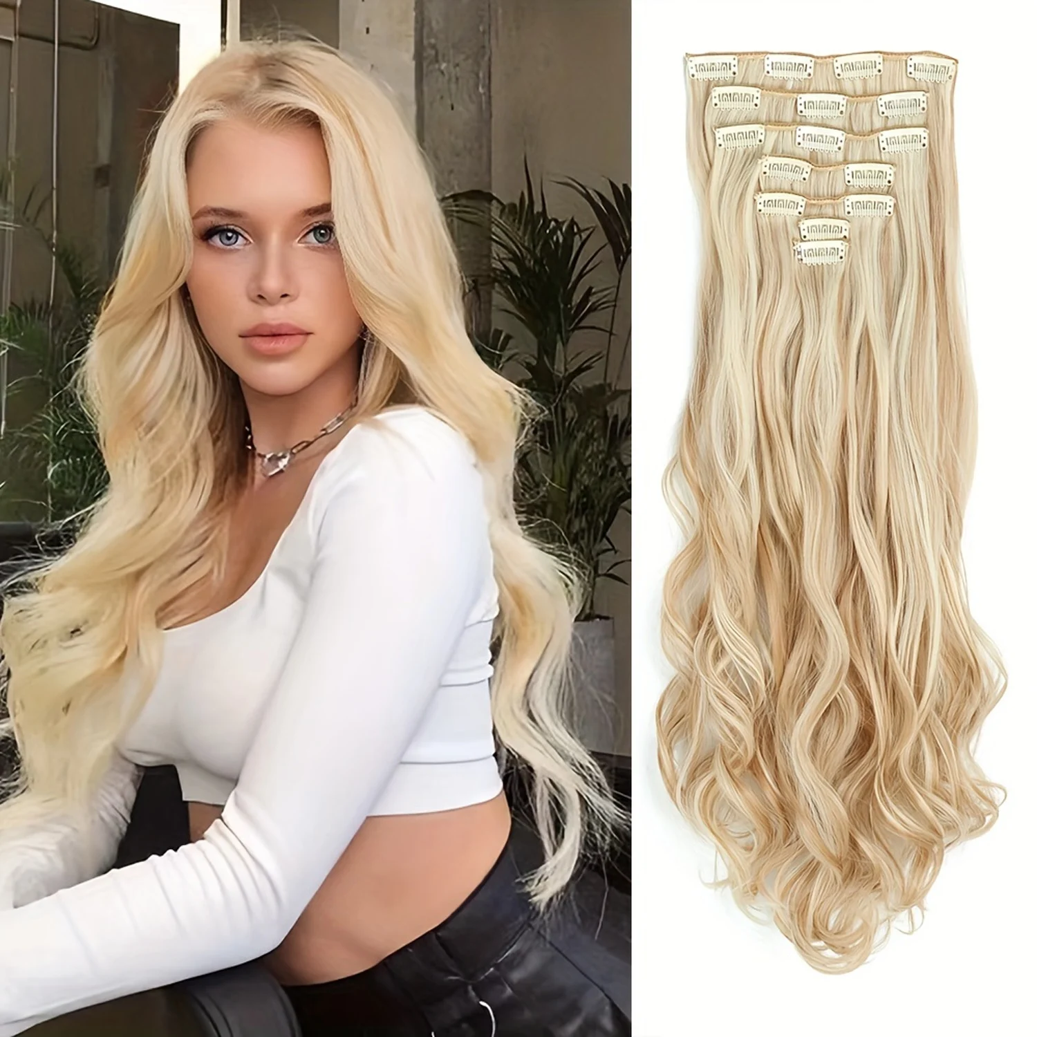 Clip In Hair Extensions 7PCS Full Head 22 Inch Long Curly Wavy Synthetic Hair Pieces Natural Wavy For Women Girls Hair