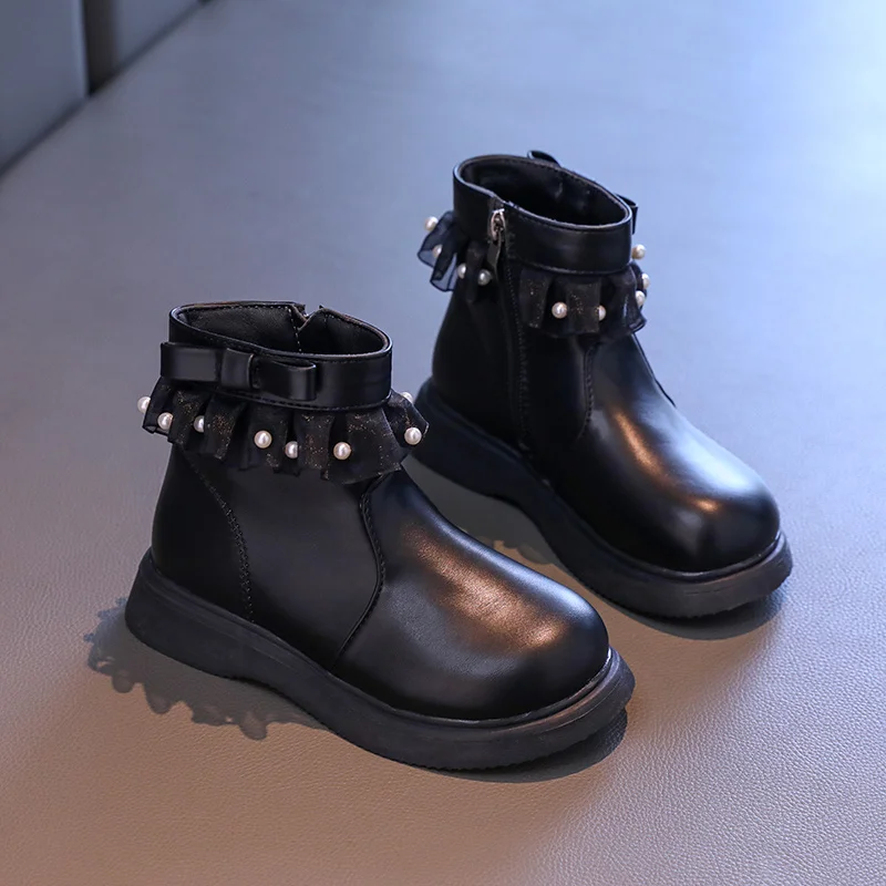 Sweet Baby Girls Lace Bow Zapatos Mujer Autumn/Winter Zipper Beaded Fashion Catwalk Toddler Boats Soft Kids Single Booties