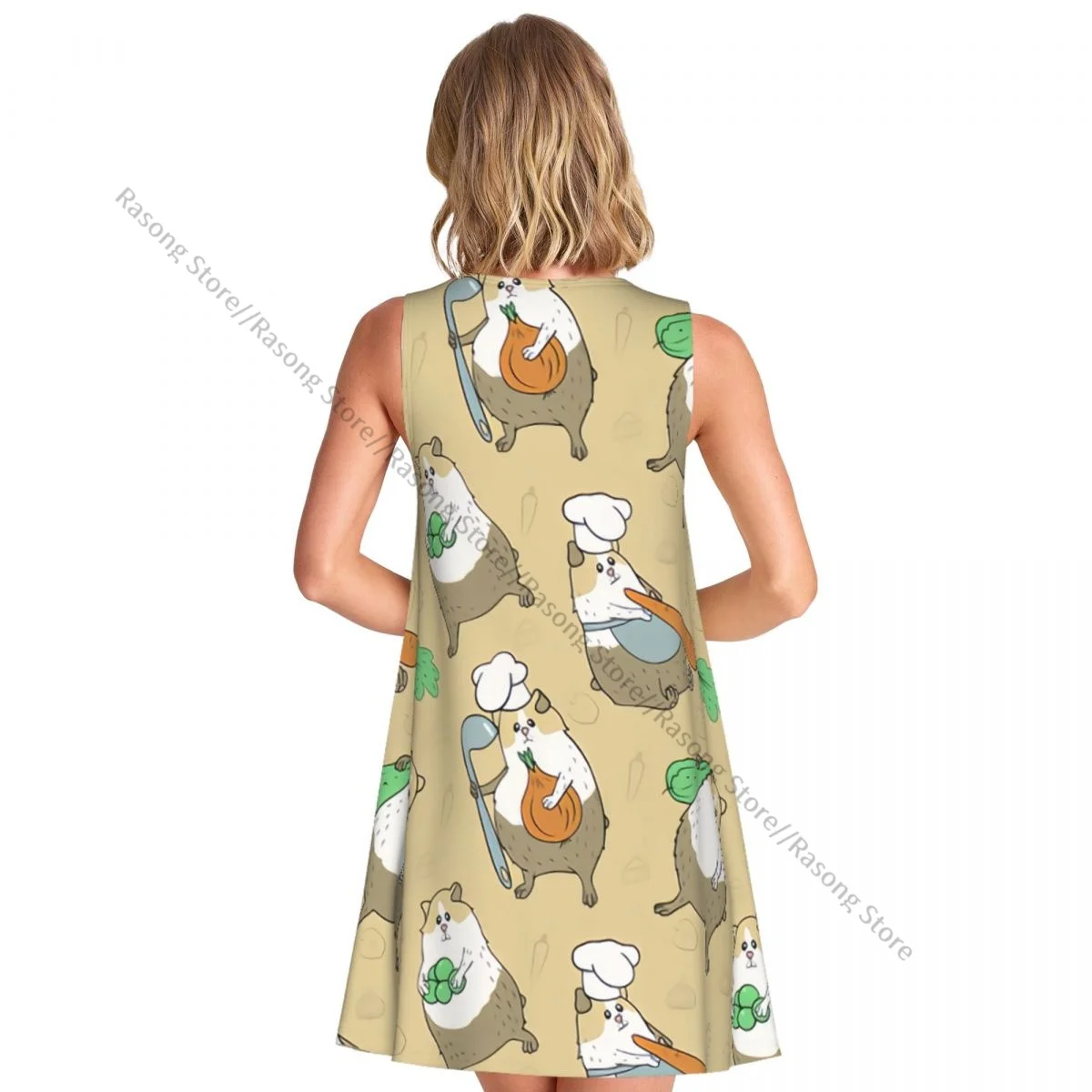 Vestido sin mangas con cuello redondo, conejillos de indias con verduras, vestido informal hasta la rodilla para mujer, vestidos largos