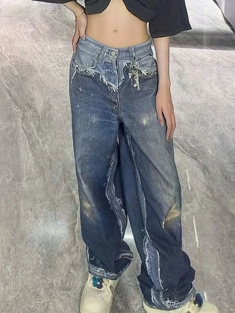 Retro American Spicy Girl 3D Illusion Print Design Street Washed Wide Leg Long Jeans Women's Autumn Loose Fit Denim Pants