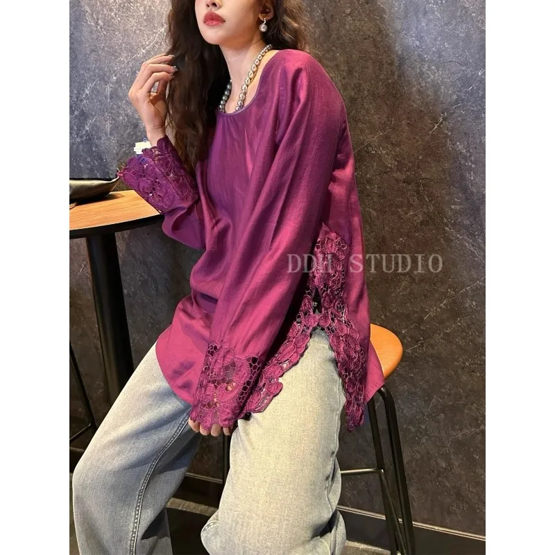 Nuovo stile cinese stile nazionale cuciture in pizzo ricamo cavo spacco retrò sciolto 2025 inizio primavera nuovo top versatile per le donne