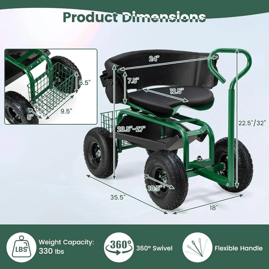 مقعد حديقة مع عجلات المتداول البستنة البراز مع قابل للتعديل 360 مقعد دوار أداة صينية سلة التخزين مقبض قابل للتمديد Outd #3