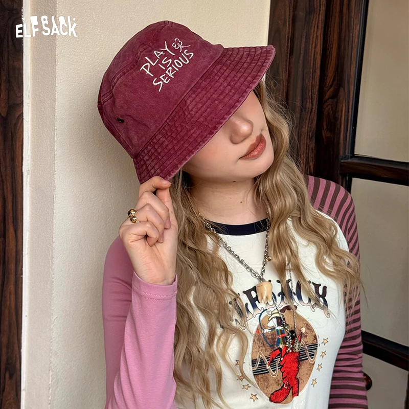 

ELFSACK Retro Washed Bucket Hat with Embroidery, Casual Sun Cap for Women, Harajuku Streetwear Cotton Hat