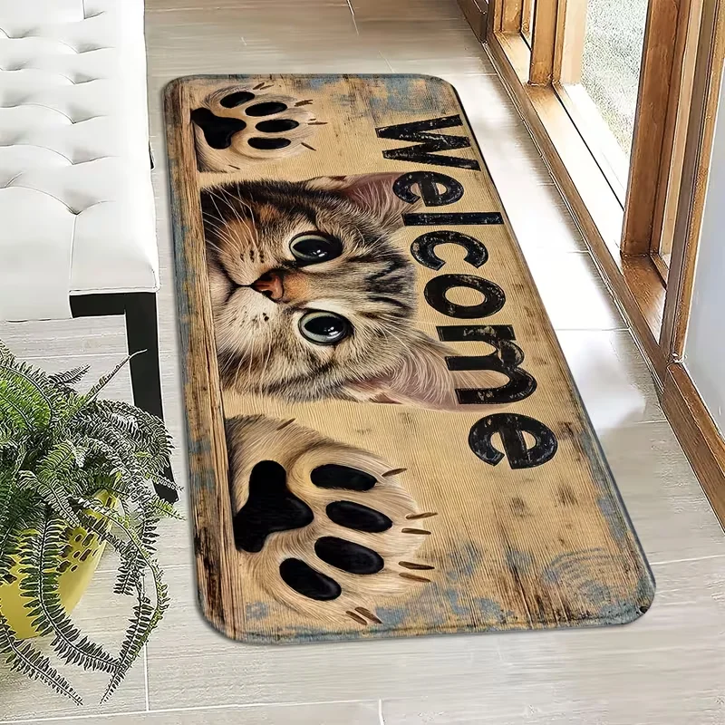 Vintage Welcome Cat Runner Rug Soft Long Floor Mat Retro Kitten Paw Hallway Kitchen Bedroom Entryway Pet Home Decor Indoor Rug