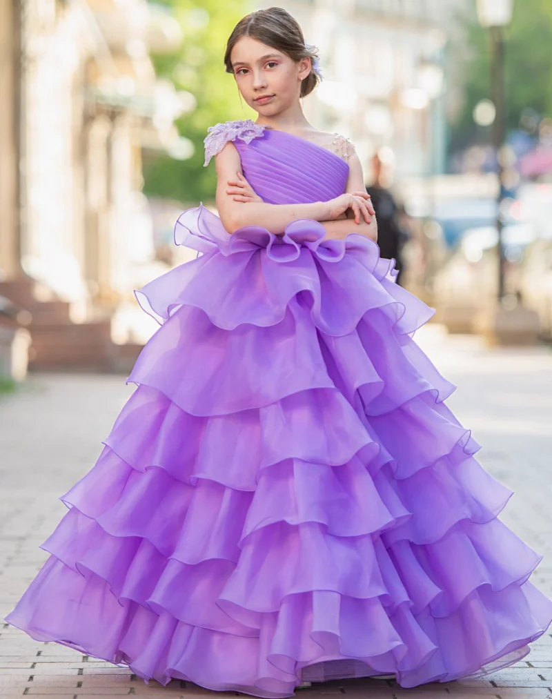 

Purple Princess Pageant Gown Tiered Puffy Flower Girl Dress Junior Wedding Bridesmaid Dress Corset Back Girl Birthday Party Gown