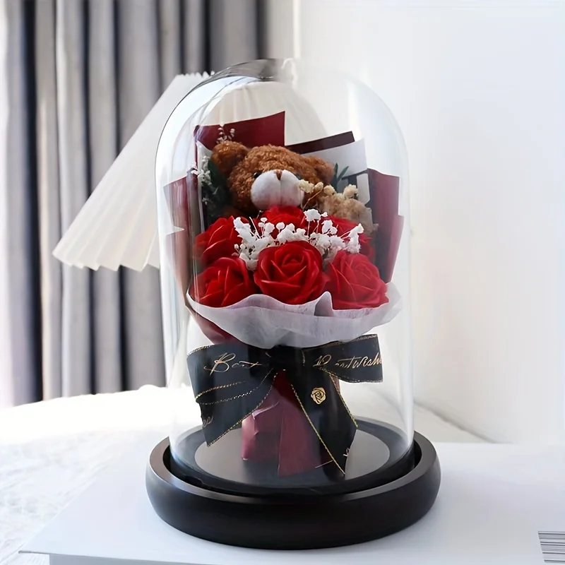 

Elegant Glass Dome Bouquet with Lifelike Artificial Roses - Perfect Gift for Her on Valentine's, Mother's Day, Christmas