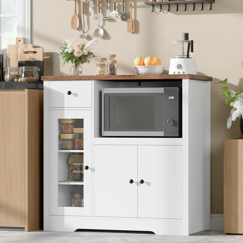 

Senfot Kitchen Microwave Cabinet with Storage and Drawers, Modern Small Buffet Cabinet with Glass Doors and Adjustable Shelf, Wo