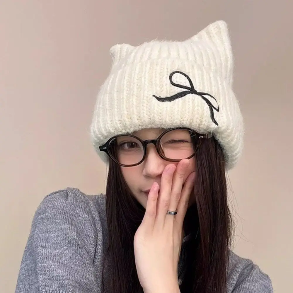 

Cute Solid Color Cat Ear Beanie Thickened Keep Warm Knitted Woolen Hat Harajuku Korean Style Knitted Skullies Ladies