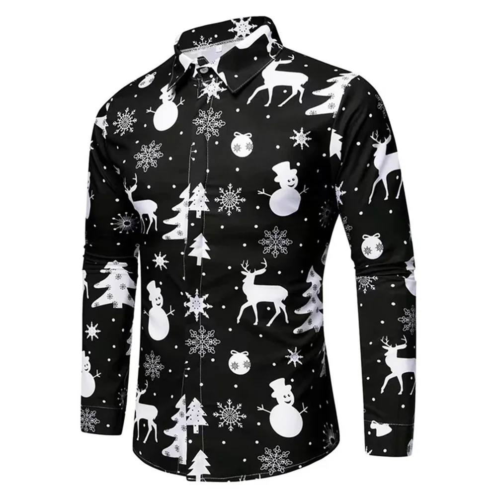 2025 shirt men's shirt Christmas tree white snow print Christmas classic style long sleeved fashionable high-end men's shirt for