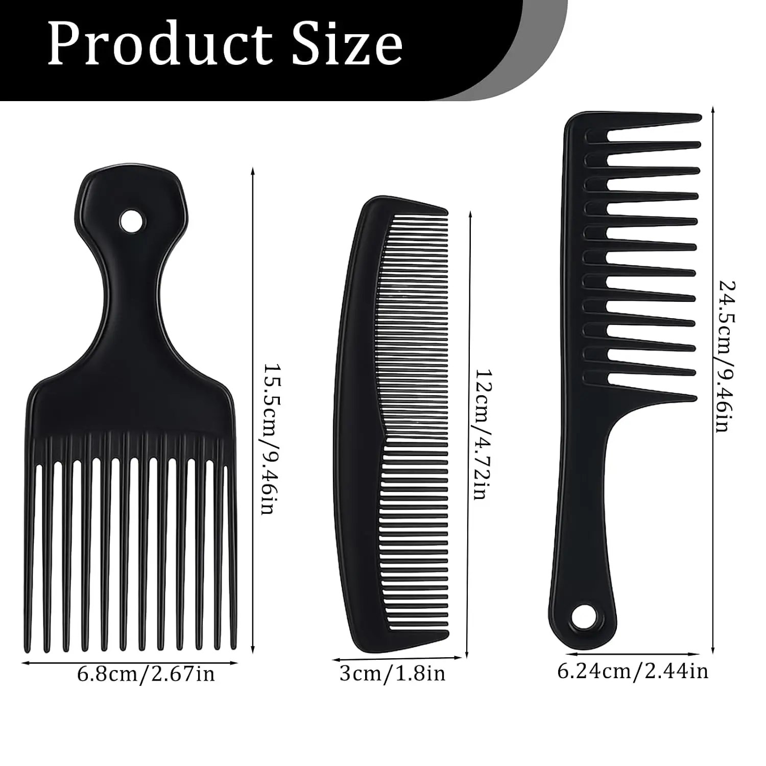 3 Pcs Wide Tooth Comb Set for Curly Hair Detangling Shower Comb Beard Pick for Men Carbon Fiber Hair Picks Barber Brush Tool
