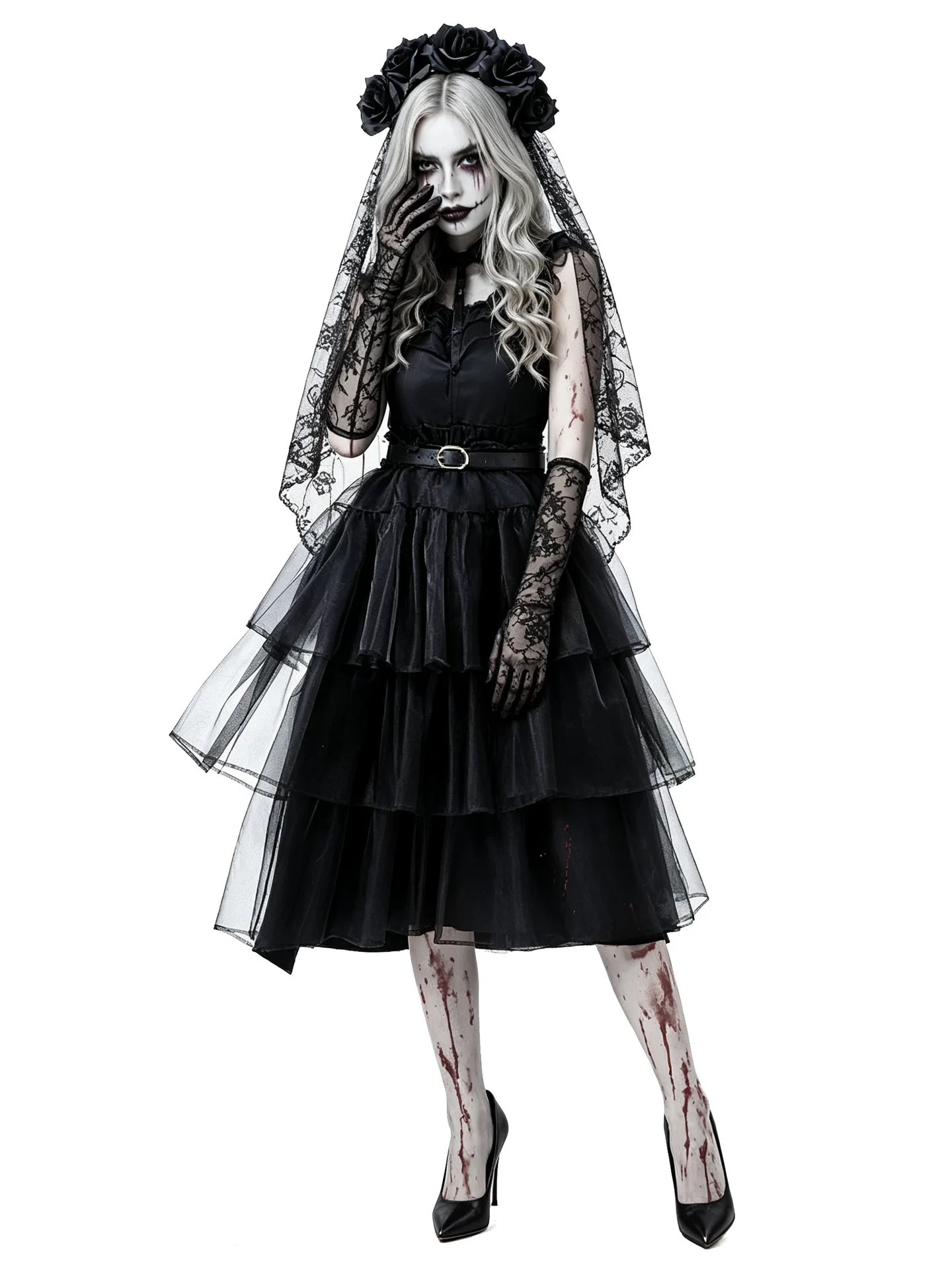 Damen Gothic Blutige Zombie-Braut Cosplay-Kleid mit Rosen-Schleier, Spitzenhandschuhen, Halloween, dunkler Horror, Bühnen-Rollenspiel, Kostüm – Detail 7