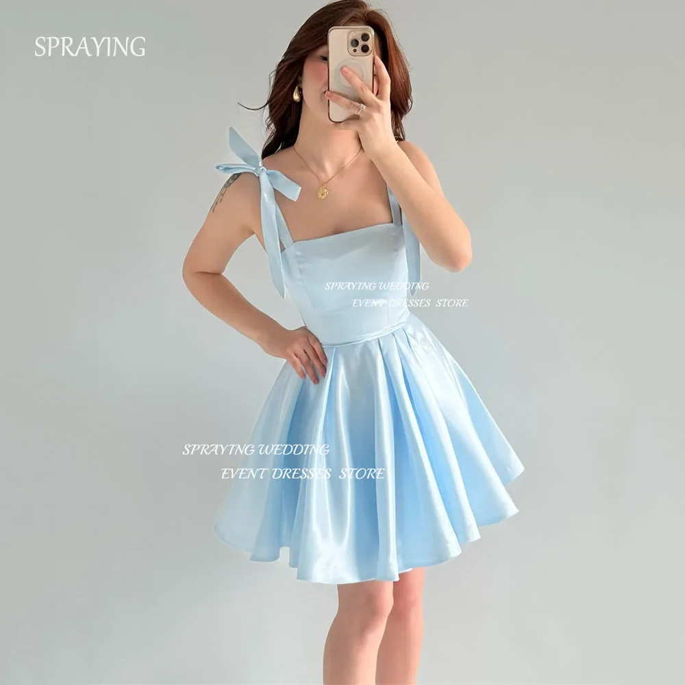 

SPRAYING Sky Blue Bow Strap Party Dress Customized Mini A line Short Above Knee Pleat Evening Dresses vestidos de festa 2026