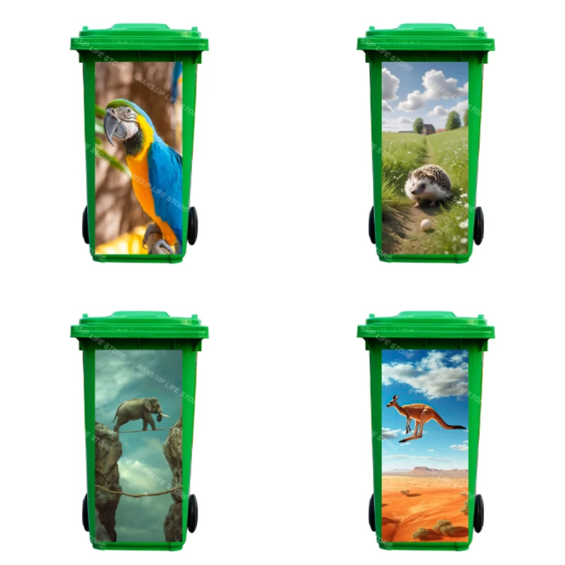 Cute Funny Animal Eating Ice Cream Trash Can Sticker  Removable Outdoor Garbage Bin Dustbin Wrapping Cover Decals Wallpaper