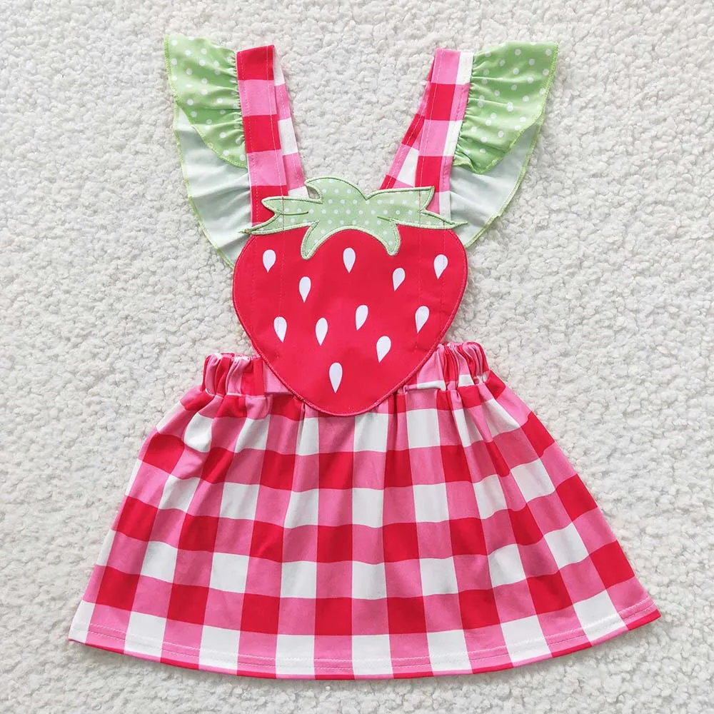 Wholesale Baby Girl Summer Embroidery Watermelon Strawberry Short Sleeves Kid Red Plaid Dress Children Toddler Suspender Clothes