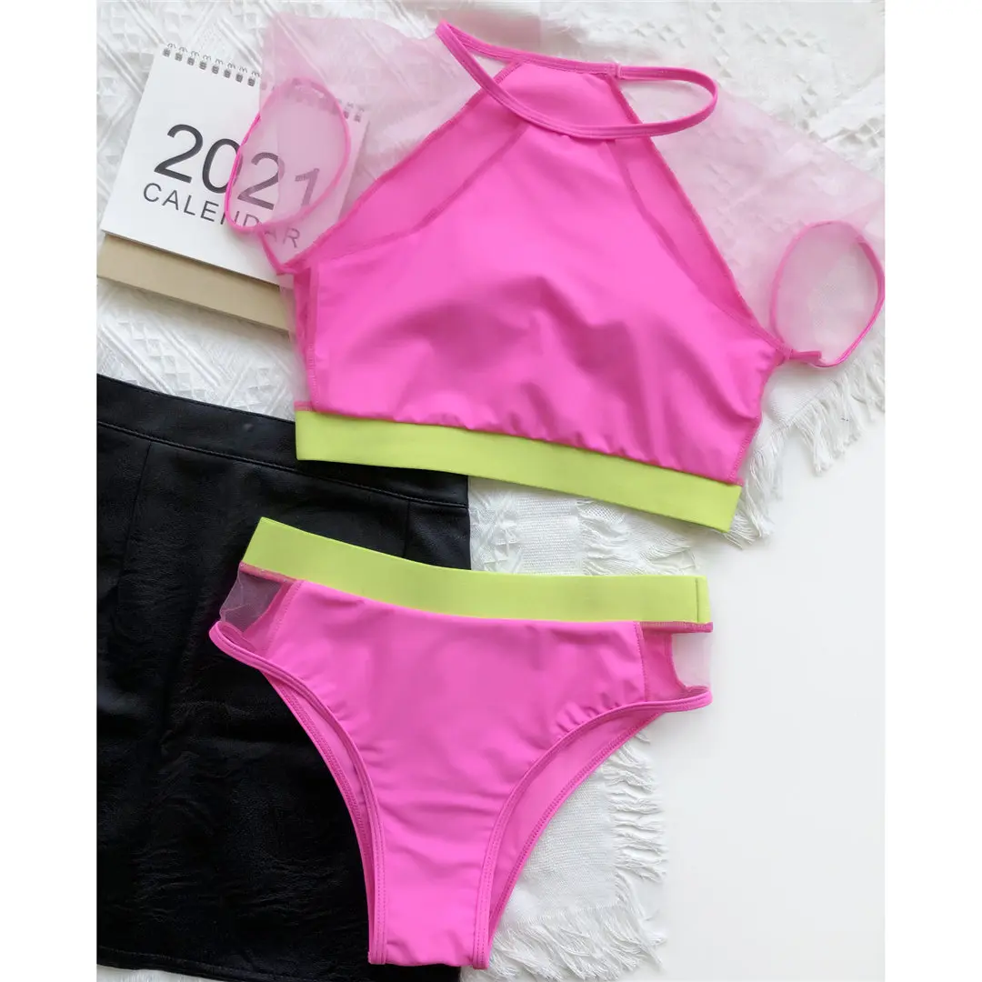 Kurzarm-Badeanzug mit Mesh-Einsätzen, Damen-Bikini mit hoher Taille, zweiteiliger Bikini-Set, Badebekleidung, Badeanzug, Modell V2871. – Detail 24