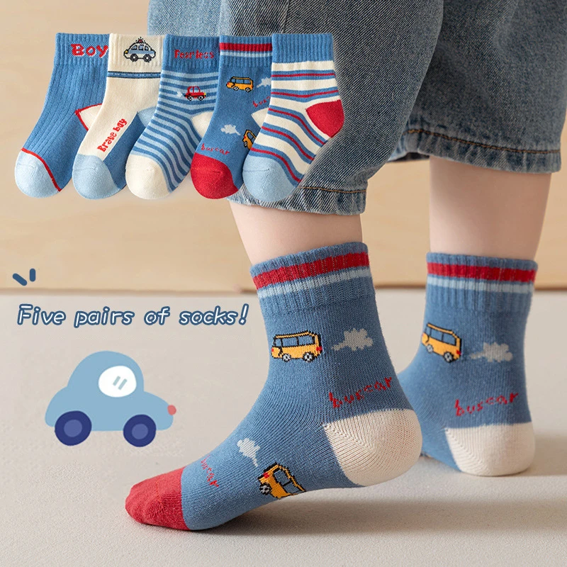 5 Pairs Kids Boys Socks Cartoon Car Bus Pattern Mid-Calf Socks Soft Breathable Children Socks for Toddler 1-12Y All Season