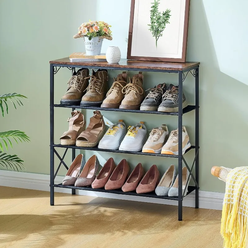 

Shoe Rack,4-Tier Entryway Shoe Storage Rack for 12-16 Pairs of Shoes,Shoe Shelf with 3 Fabric Shelves and Wooden Top,Black