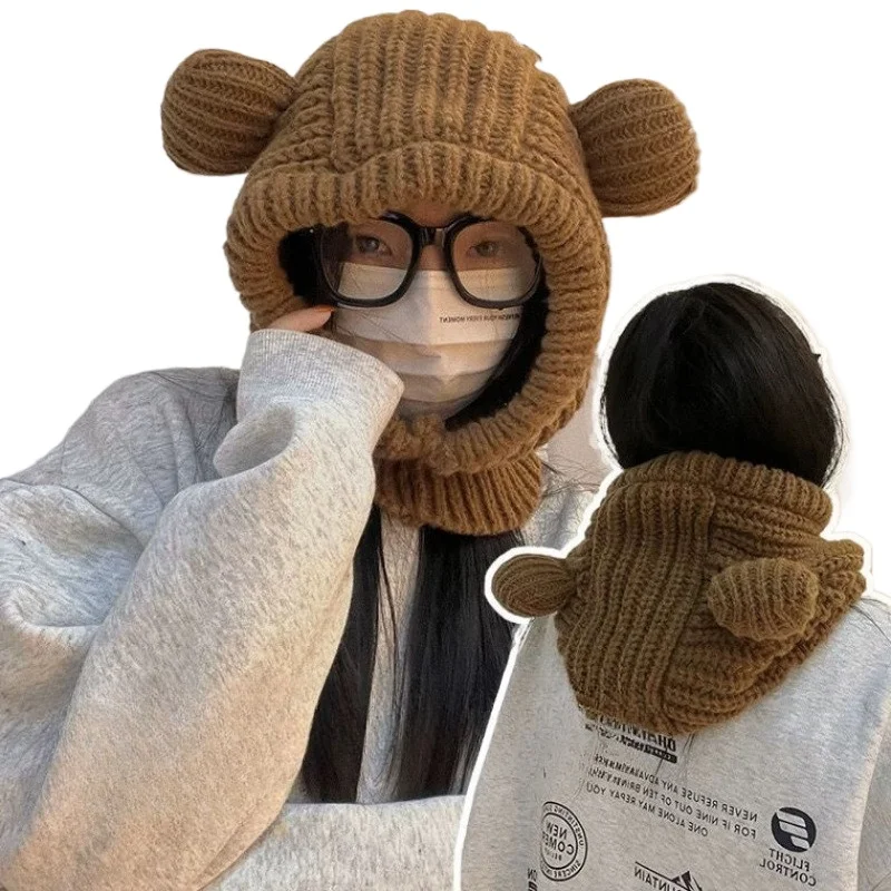 Cute bear ears wool hat women's autumn and winter versatile warm Lei Feng hat pullover scarf integrated knitted hat