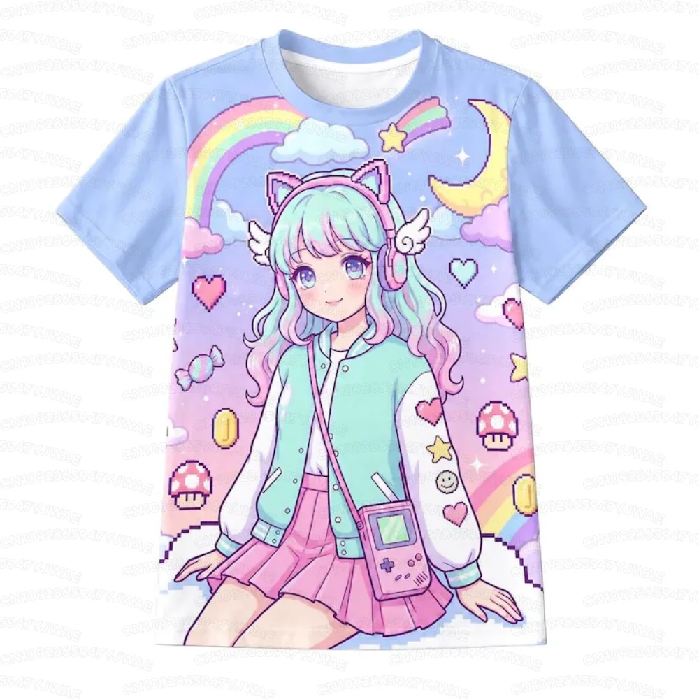 Sommerliches süßes Kawaii Bunny Candy Anime Girl Yume Kawaii Fairy Kei Sweet Pastel Pink Damen Kurzarm-Freizeit-T-Shirt – Detail 5