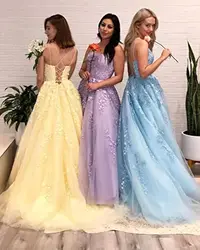 Tulle Princess Appliques Homecoming Dresses for Teens Long Flower Spaghetti Straps Prom Dress with Pocket Long Puffy Ball Gown