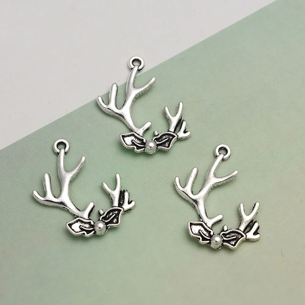 20pcs/Lots 18x26mm Antique Christmas Reindeer Charms Antler X-mas Flower Pendant For DIY Jewelry Making Supplies Accessories