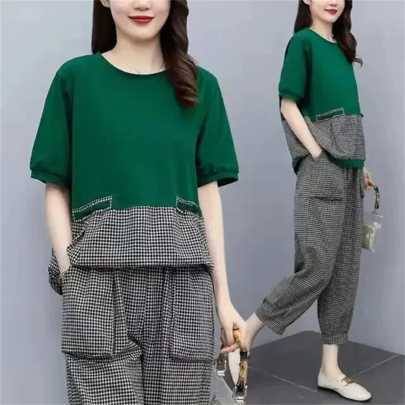 Retro Plaid Set Women's Suits 2024 Summer New Style Large Size Spliced Cotton And Hemp Top Loose Harlan Pants Two Piece Set 2PCS