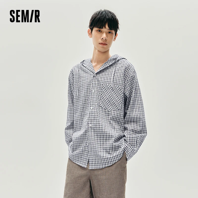 Semir قميص طويل الأكمام الرجال منقوشة ملابس خارجية خفيفة الوزن 2025 الخريف جديد مقنعين ملابس فضفاضة كلاسيكية متعددة الاستخدامات للرجال