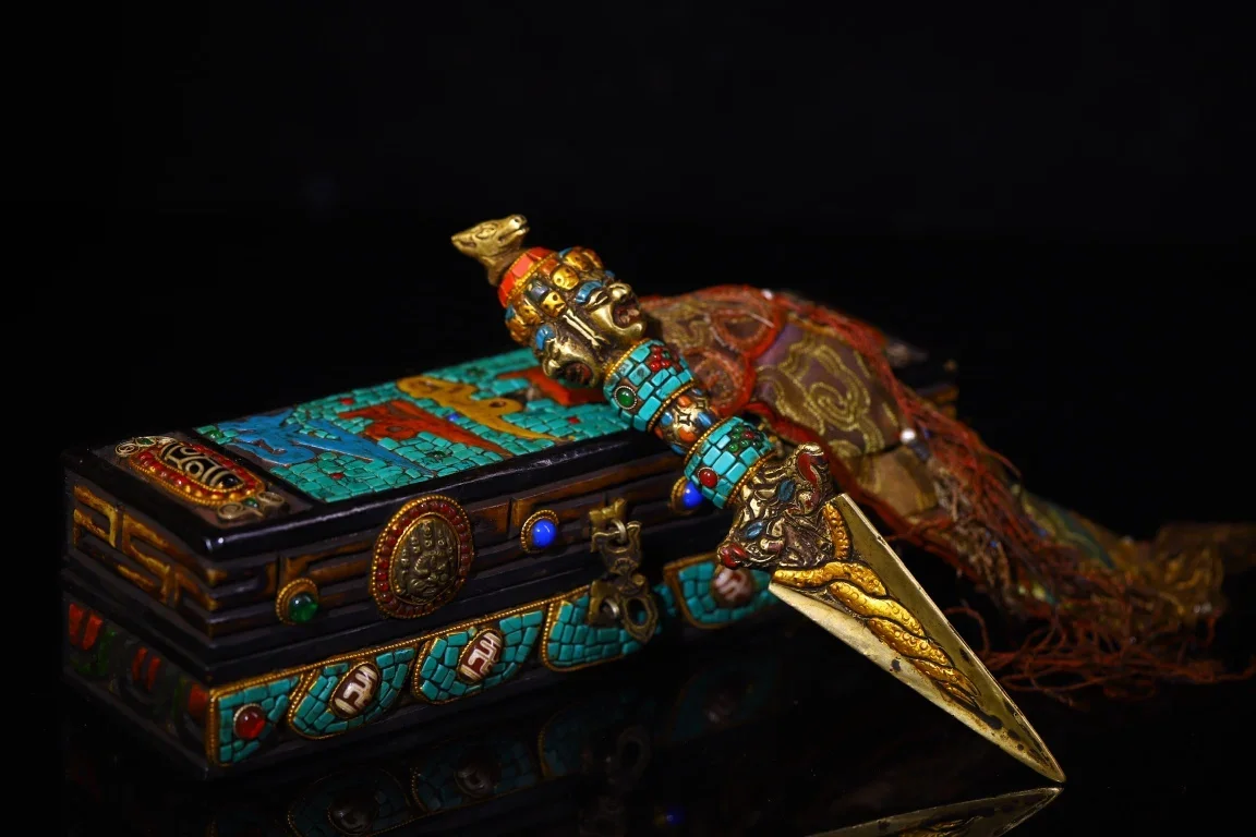 Old Bronze Mosaic Gem gZi Beads Turquoise Hayagriva Buddha's Head Vajra Phurpa Box Amulet Dharma