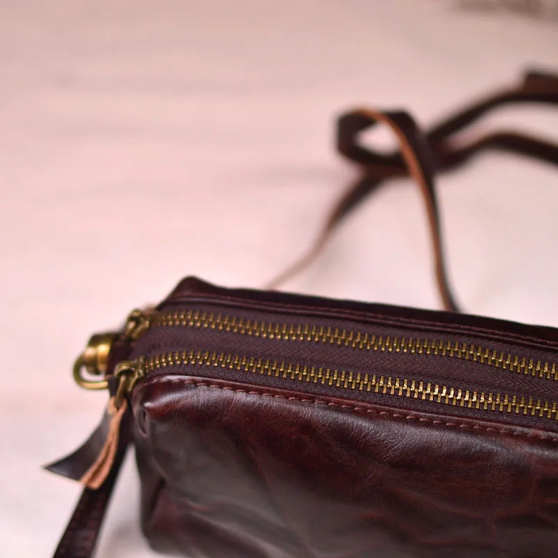 AETOO Mori small square bag senior sense retro double zipper crossbody bag hand-planted tanned leather for men mobile phone smal