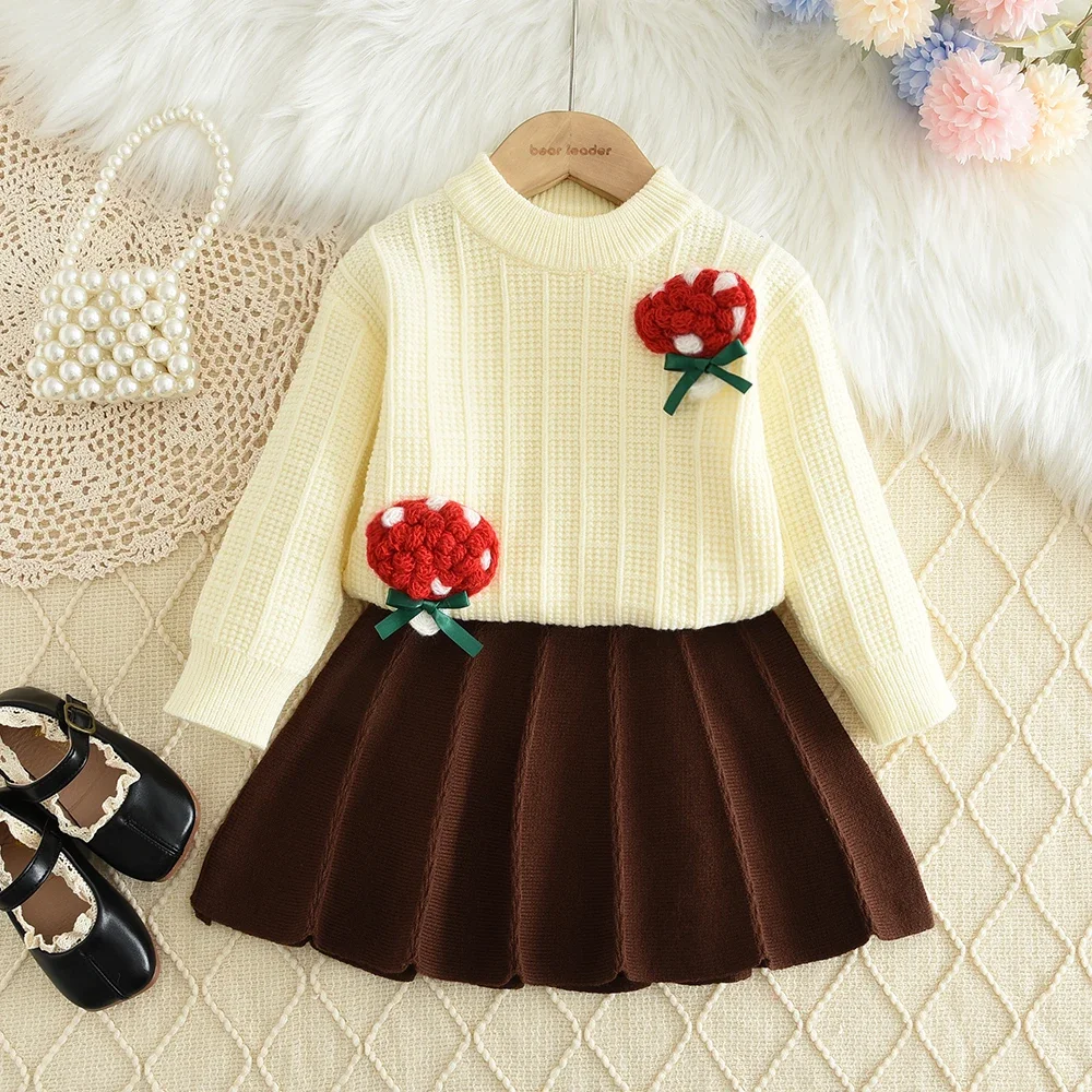 

Korean Version Children's Sets Plain Kids Clothes Girls Autumn Winter Long Sleeved Knitted 3D Bouquet Sweater+Skirt 2-piece Set