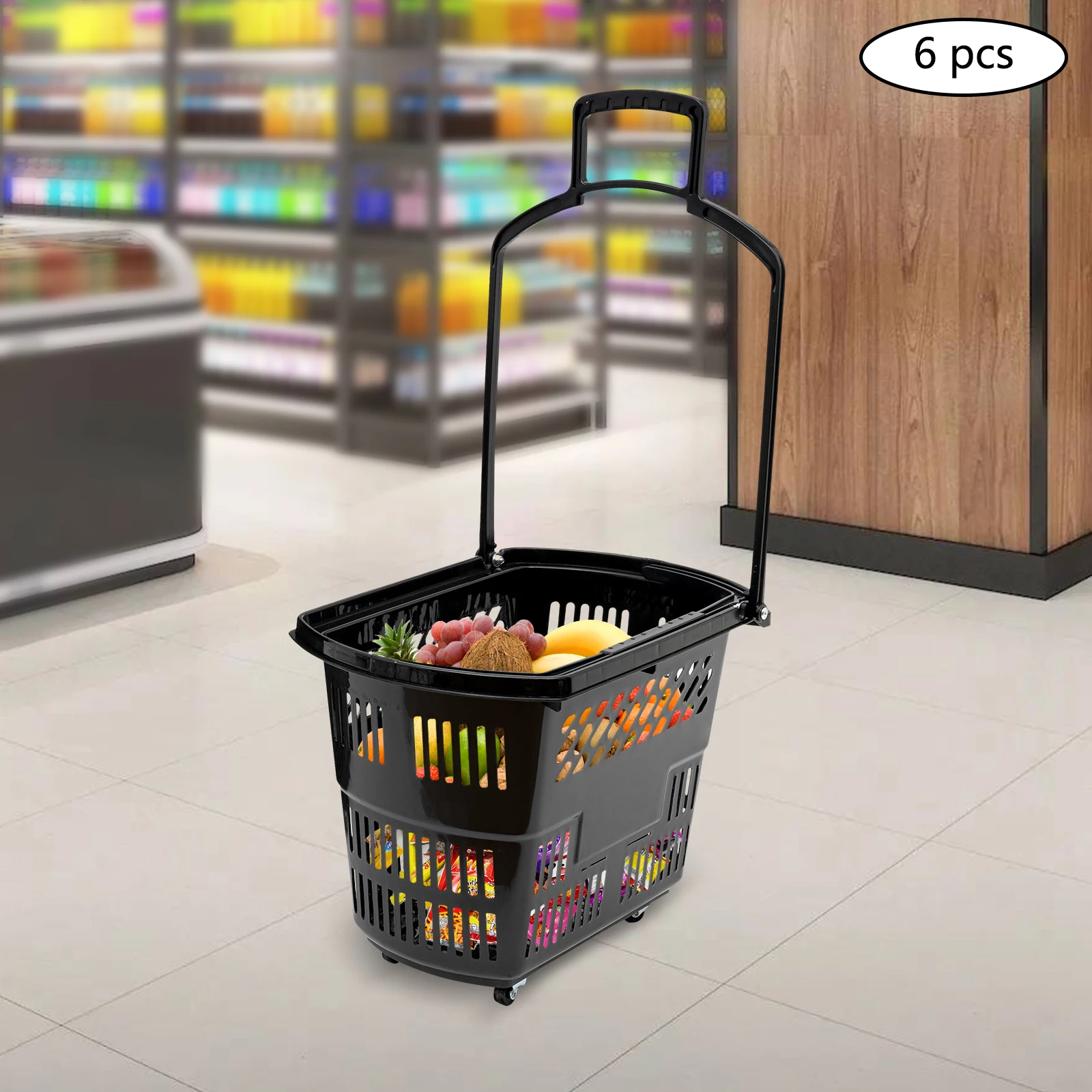 

6PCS Blue Shopping Carts w/Wheels and Handle Plastic Rolling Shopping Basket 35L