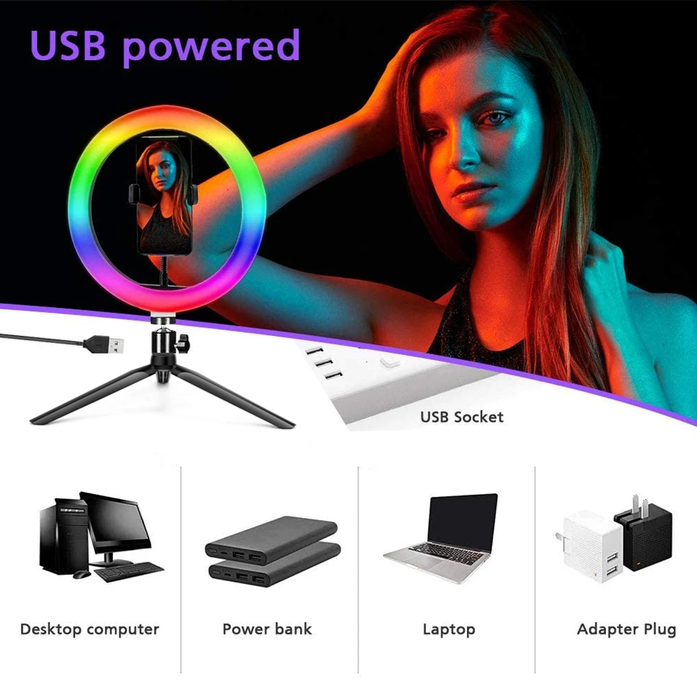 Lampada ad anello a colori Rgb da 10 pollici con supporto per telefono a treppiede luce Led anello USB 26cm per telefono cellulare luce Video Youtuber