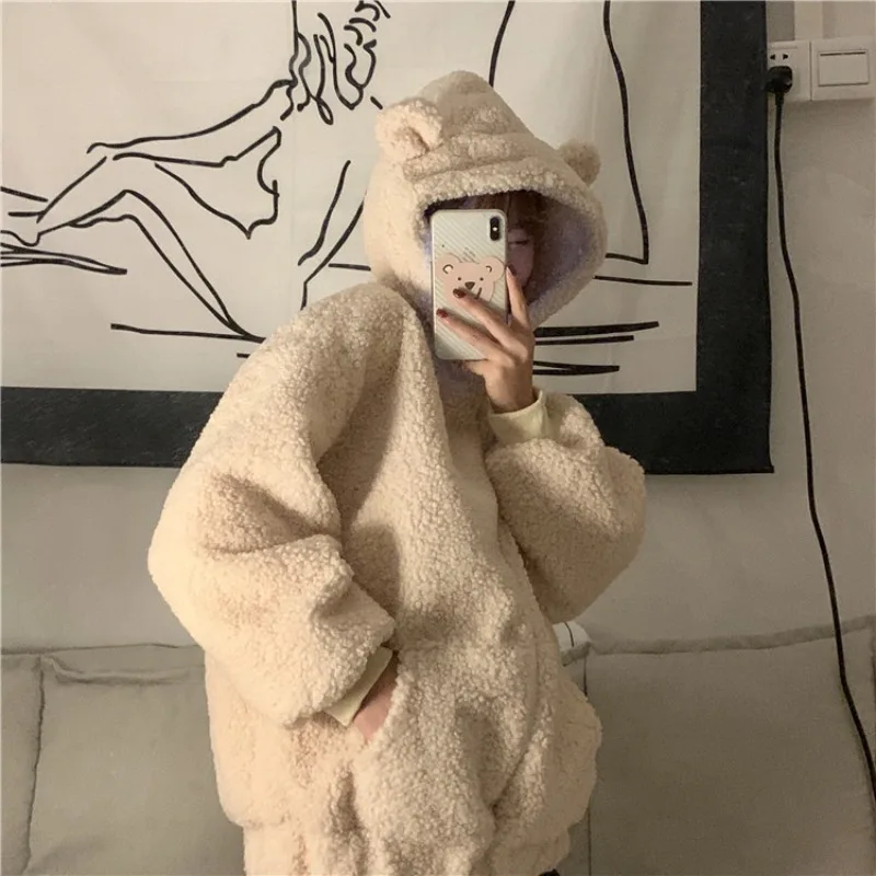 Autumn Winter Frog Eyes Hooded Sweatshirt Women Thicken Keep Warm Kawaii Outwear Tops Zip-up Plush Fleece Oversized Hoodies