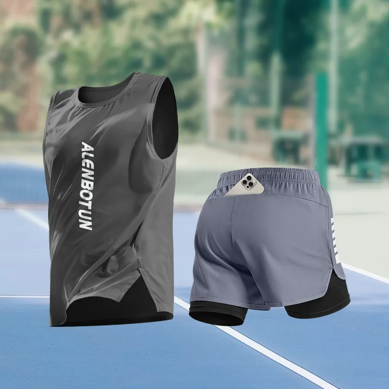 Conjunto esportivo masculino para corrida, verão, nova chegada, treinamento de maratona, roupas fitness, profissional, secagem rápida, regata e short 