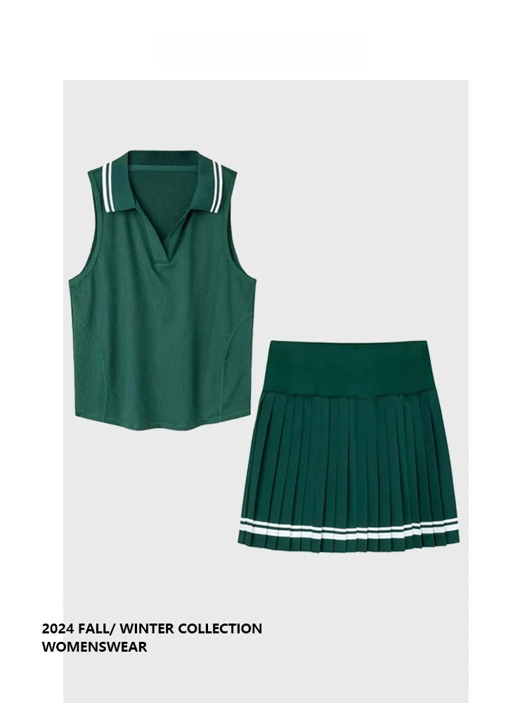 

Forever 21 Knitted No-Sleeve T-Shirt Sportswear with Turn-down Collar And Half Skirt Two-Piece Set Summer Collection