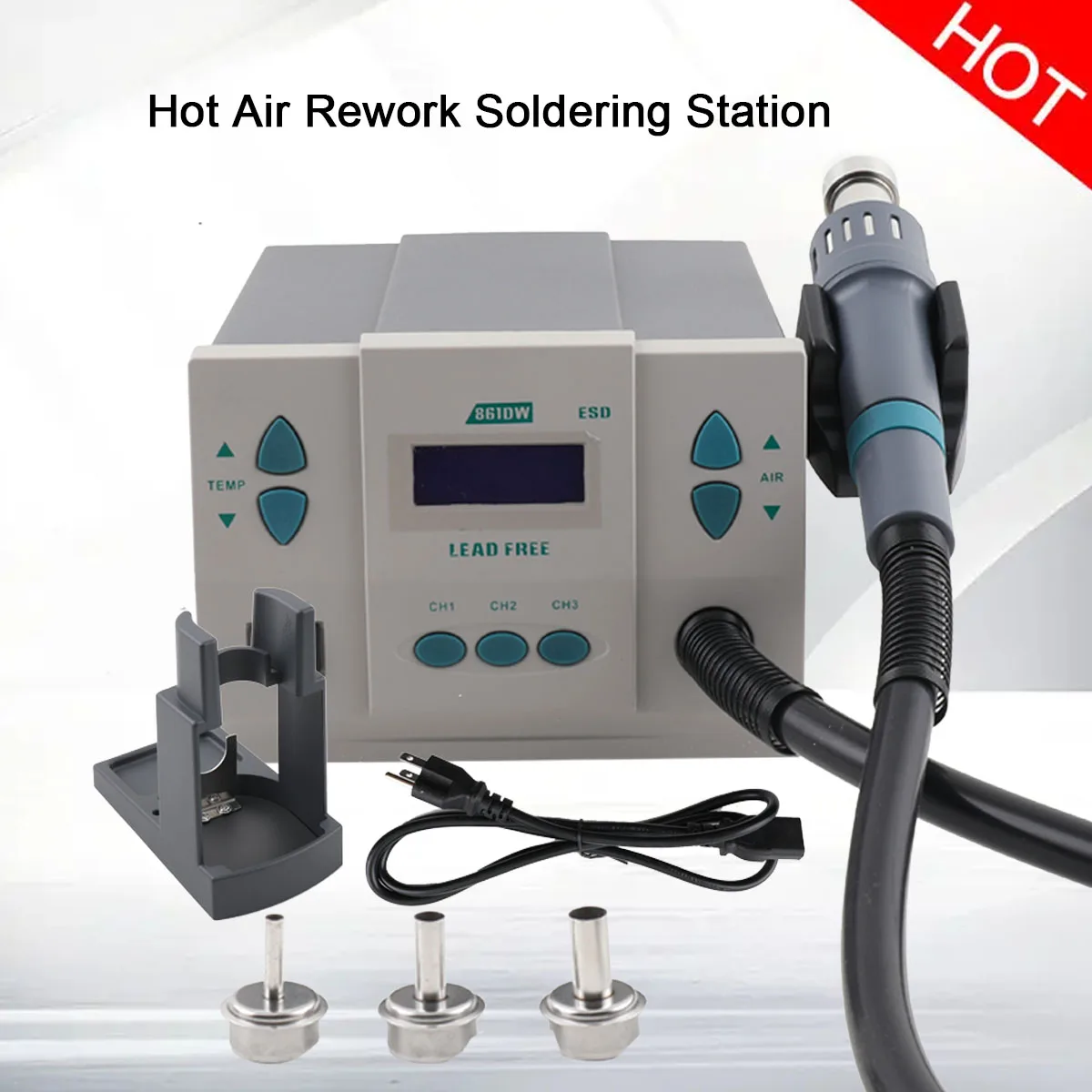 1000W Hot Air Rework Station Electric Soldering Irons Digital Display Hot Air Gun + 3 x Air Nozzles -Temperature Range 100℃~500℃