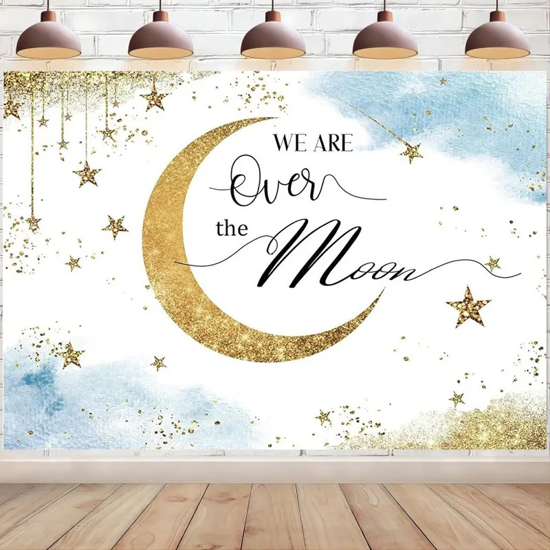 Over The Moon Baby Shower Backdrop Boho Blue Watercolor Shinning Stars Gold Celestial Party Decoration Photography Background