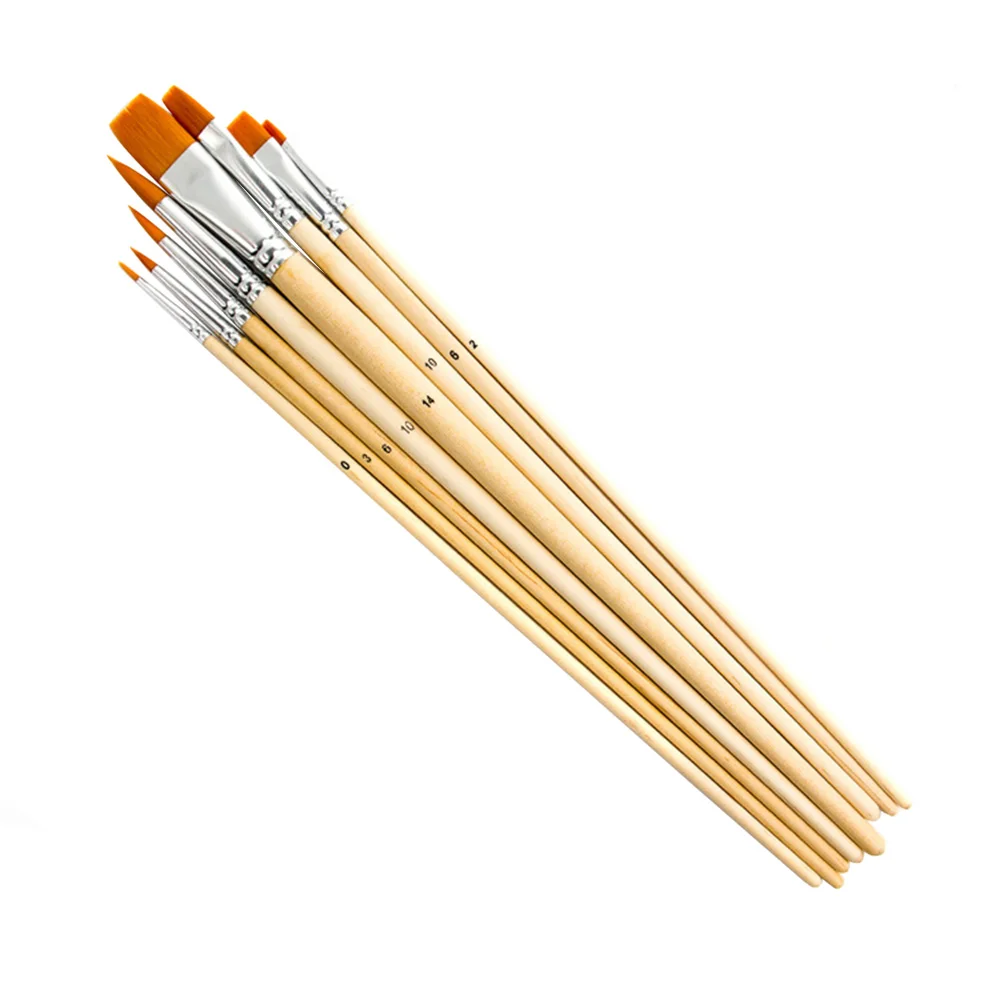 

8PCS Nylon Hair Paint Brush Set Artist Watercolor Wooden Oil Painting Supplies Round Pointed Tip and Flat Nylon Hair