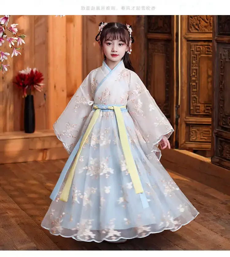 Disfraz de Bata de seda China para niñas, Kimono tradicional de China, vestido antiguo étnico Vintage, traje de baile, conjunto de Hanfu para Cosplay