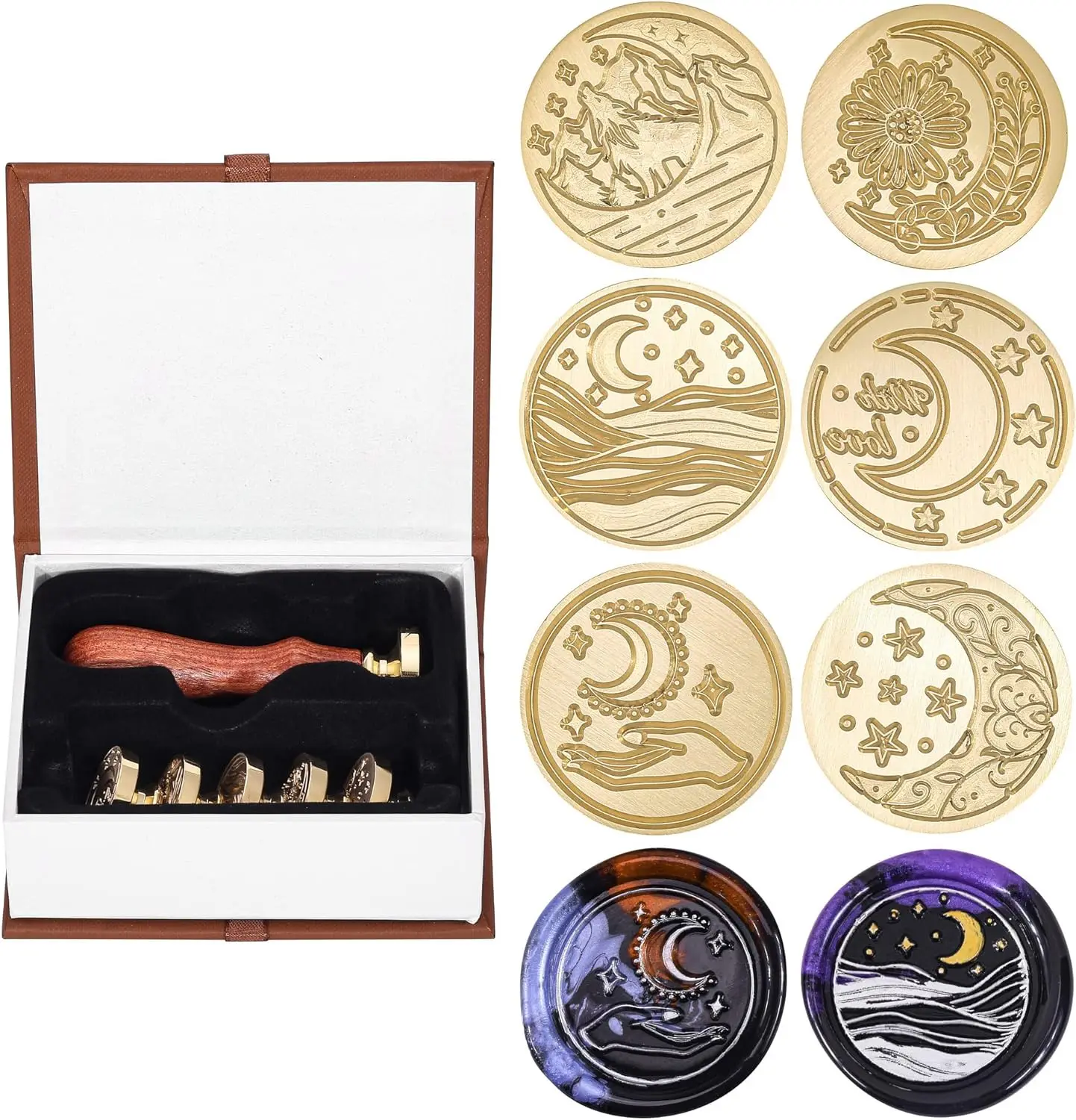 Moon Series Wax Seal Stamp Set, Vintage Sealing Wax Stamp Heads, Wooden Handle with Gift Box for Christmas, Gift Idea, 6 Pcs