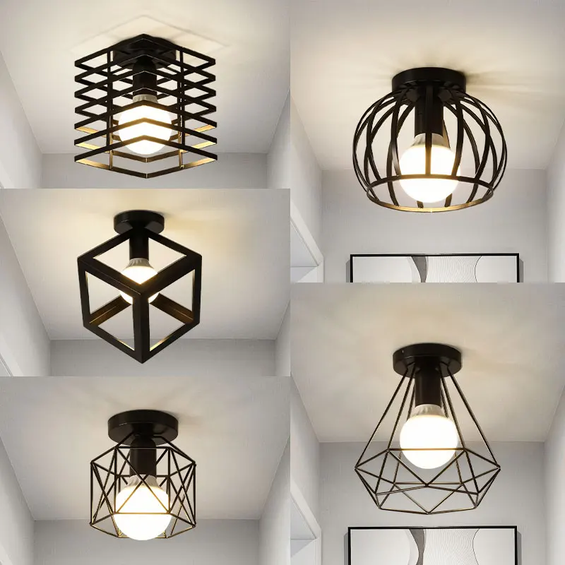 Retro E27 LED Ceiling Lights for Aisle Corridor Balcony  Black Vintage Indoor Cage LED Ceiling Lamps Decor for Bedroom Interior