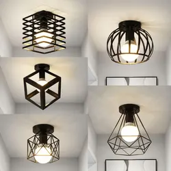 Retro E27 LED Ceiling Lights for Aisle Corridor Balcony  Black Vintage Indoor Cage LED Ceiling Lamps Decor for Bedroom Interior