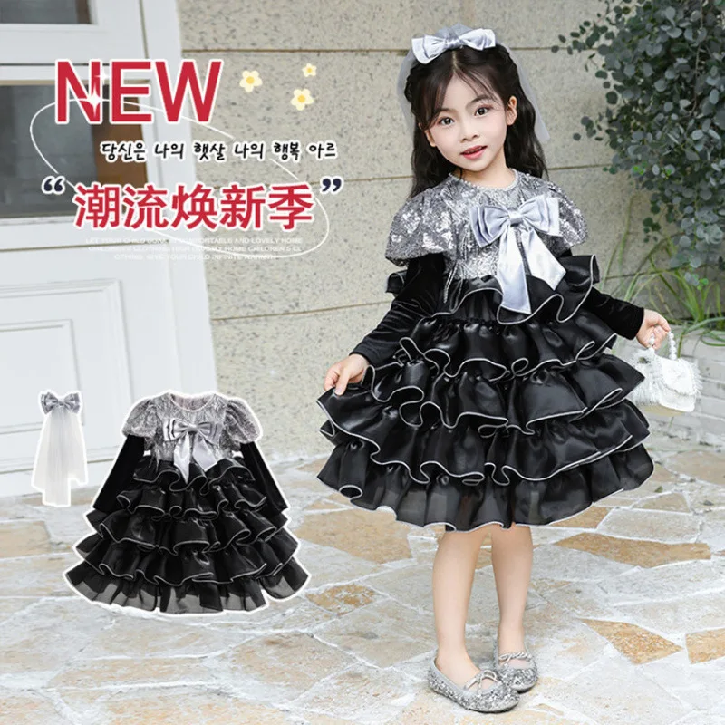 

Girls Princess2025Black Pearl Dress Shining Starry Sky Children's Stylish Birthday Dress Gown