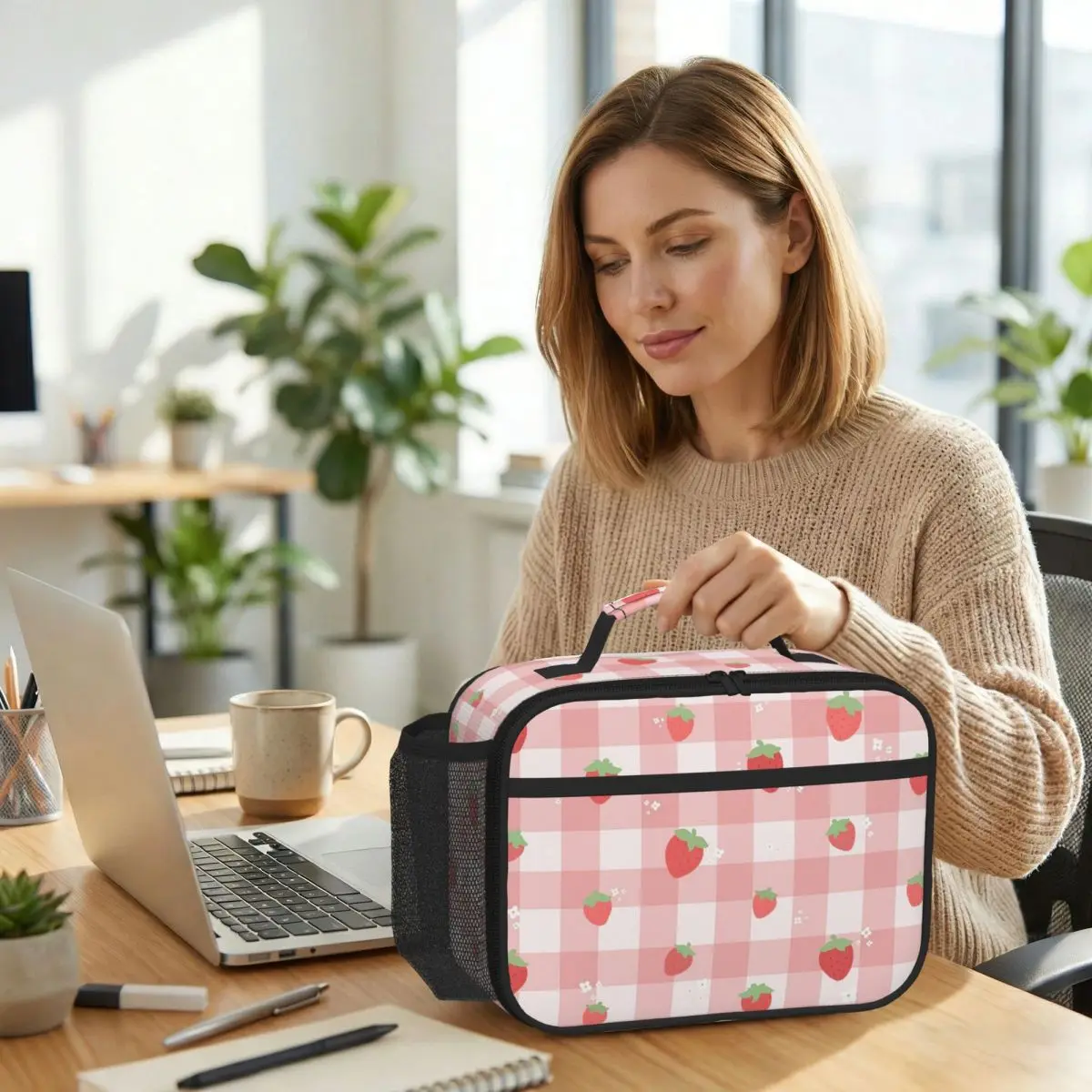 Strawberry Plaid Insulated Lunch Bag for Kids School Cooler Thermal Food Box Tote Leakproof Lunch Boxes Container