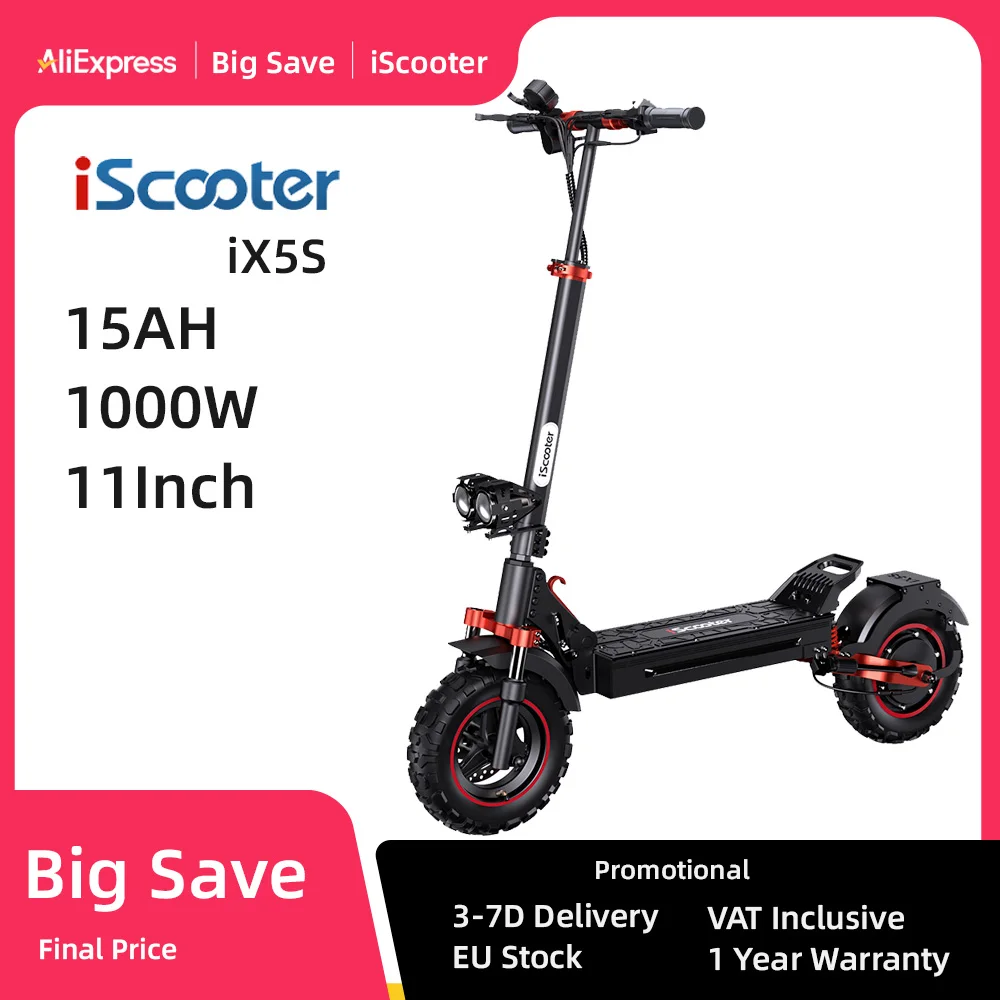 iScooter ix5s 1000W Powerful Electric Scooter 15AH Battery Adult Electric Scooter 45km/h Electric Shock Absorption